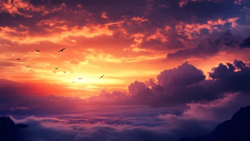Sunset sky over clouds with birds in vivid warm light.