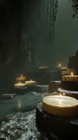Volumetric-lit cavern pool with tiered ritual candles.
