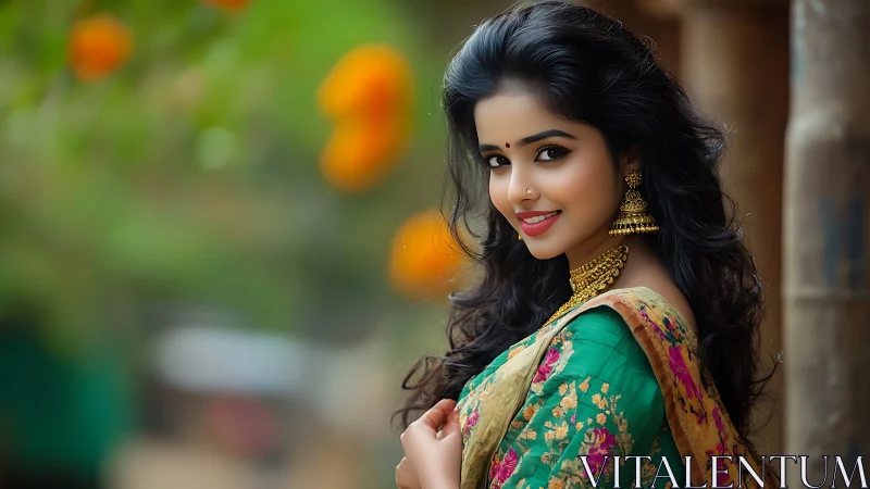 Portrait study of woman in sari with shallow depth-of-field.