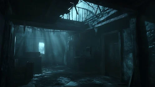 Moonlit dust dances through a ruined, sea-damp hallway