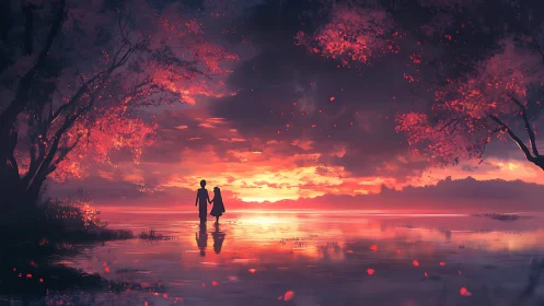 Two lovers walk a glowing lakeshore beneath a fiery sunset