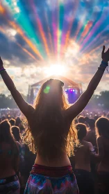 Backlit festival crowd with diffracted chromatic sunrays.