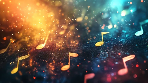 Colorful musical notes floating in abstract light field.