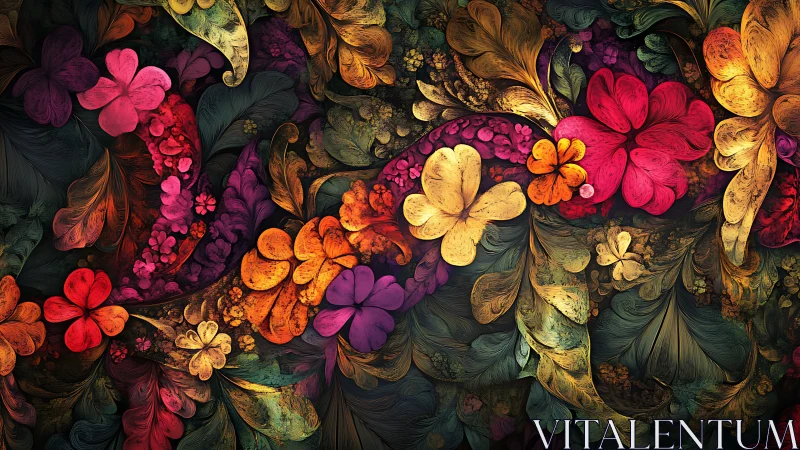 Digital floral composition organizes layered leaves and blooms