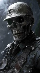 Skeletal soldier figure in rain-worn uniform and helmet.