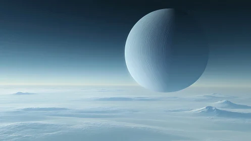 Icy exoplanet horizon beneath looming frozen gas giant