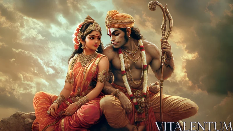 Gentle divine companions share a quiet golden sunset moment