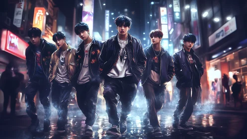 Neon-lit street ensemble in cinematic cyber-noir stylization