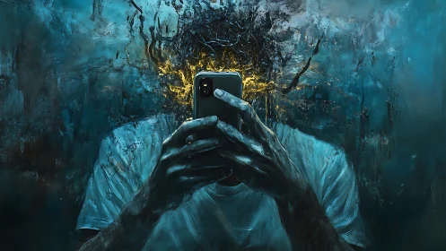 Digital overload portrait with dissolving head abstraction.