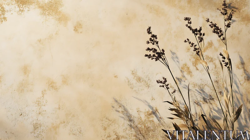 Dry plant shadows on aged beige plaster wall background.