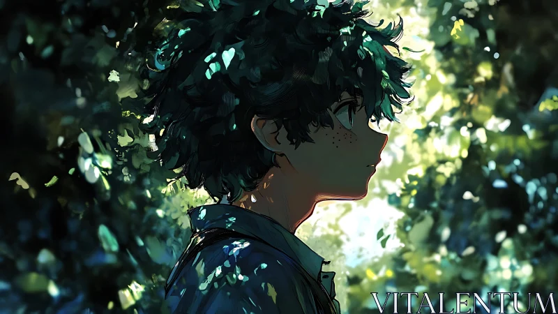 Profile portrait of anime boy in dappled forest light study