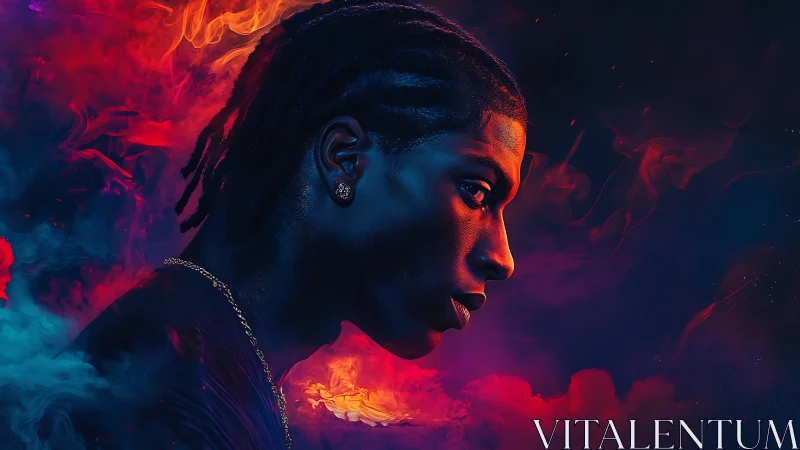 Moody neon portrait captures a focused profile in colored smoke