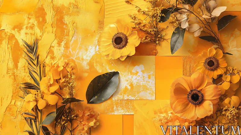 Golden Botanical Collage: Layered Floral Composition with Textural Abstraction.