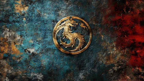 Golden dragon emblem glows against distressed blue red wall