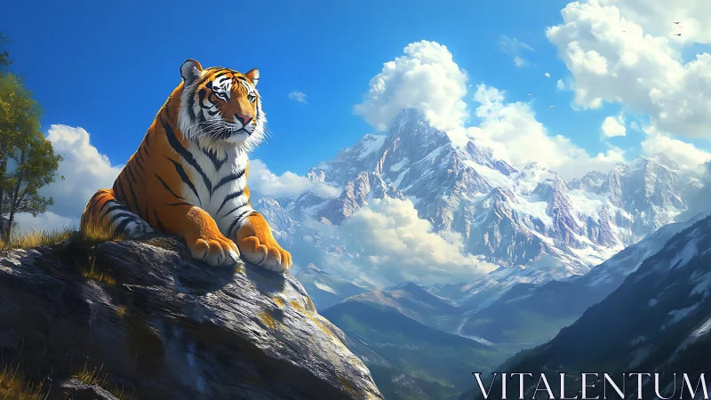 Tiger resting on rocky ledge above expansive mountainscape.
