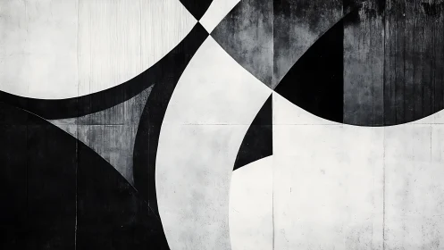 Monochrome geometric wall mural with intersecting curved forms.