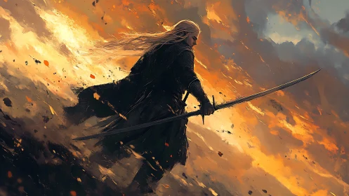 Solitary armored swordsman stands against turbulent sky