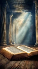 Golden light pours onto an ancient book in a quiet hall