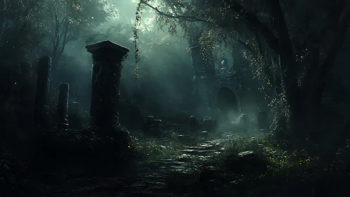 Moonlit ruined forest path leads toward gothic stone gate