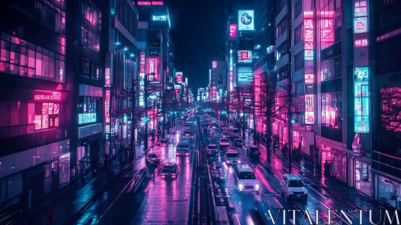 Neon-lit city street at night with wet road and traffic flow.