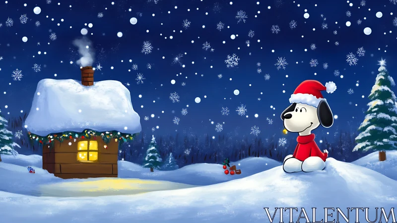 Snowy night wish with cozy cabin and thoughtful pup.