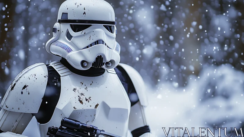 Armored sci‑fi soldier standing in snowfall, frontal view.
