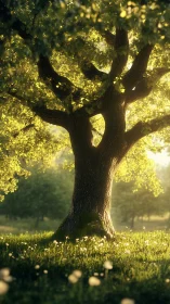 Sunlit oak tree with dreamy meadow bokeh glow.