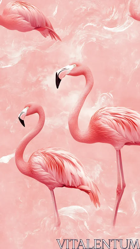 Monochromatic pink flamingos rendered in high-detail digital illustration