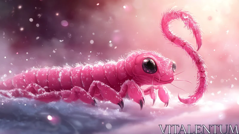 Pink fantasy centipede with large eyes in soft snowfall.