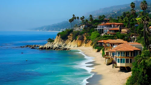 Oceanfront villas line sunlit cliffs over turquoise bay.