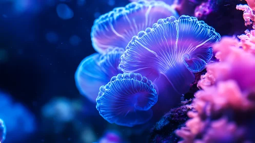 Glowing blue coral polyps in vivid underwater closeup.