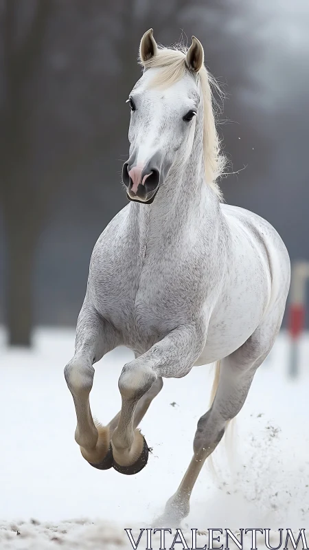 White horse galloping through winter snowfield at speed.