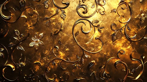 Golden baroque floral scrollwork over glowing metal panel.
