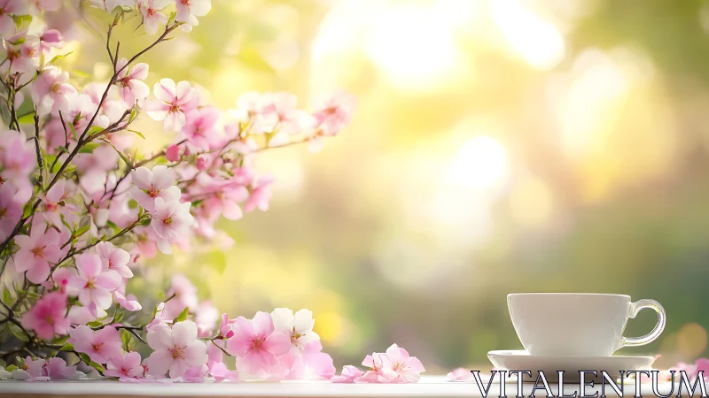 Pink Blossoms and Teacup in Spring Sunlight