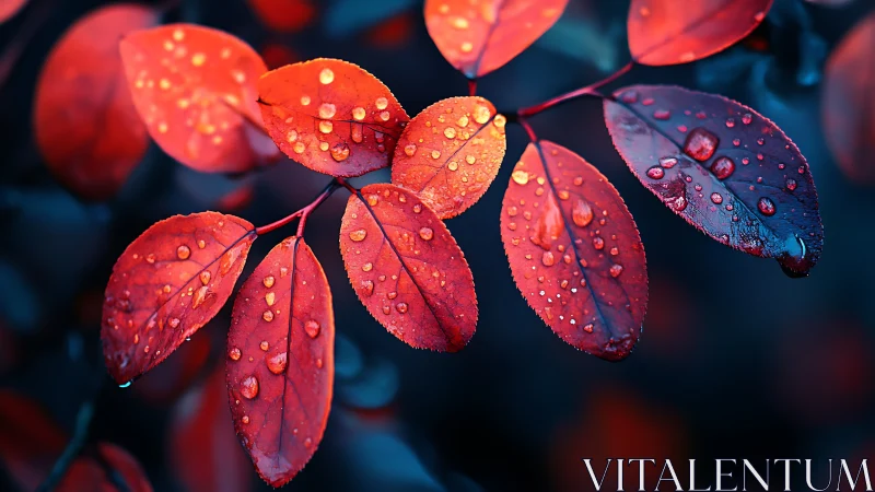 Macro-depth study of red foliage with surface water droplets bokeh