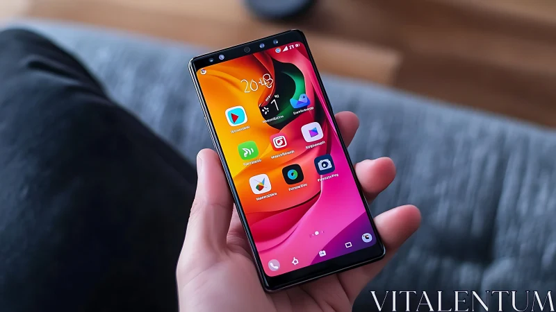 Hand holding vibrant gradient Android phone with colorful app interface