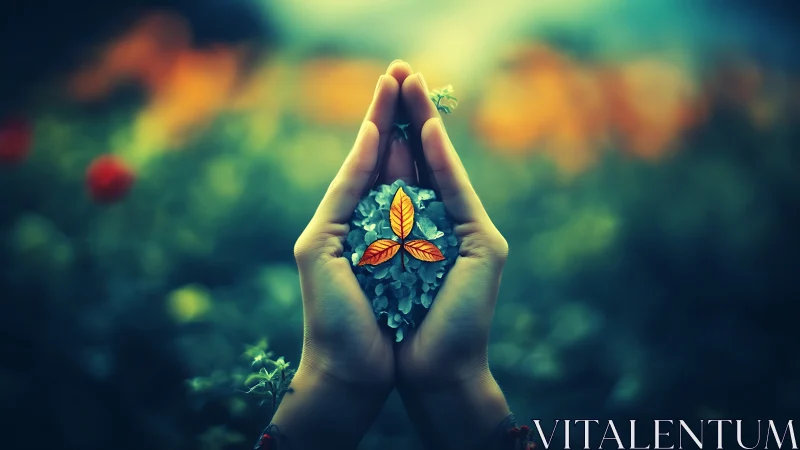 Hands cradle glowing orange leaves in blurred green field.