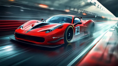 Red GT race car slices wet circuit under neon speed