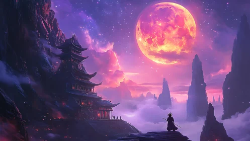 Samurai watching vast moon over misty fantasy temple.