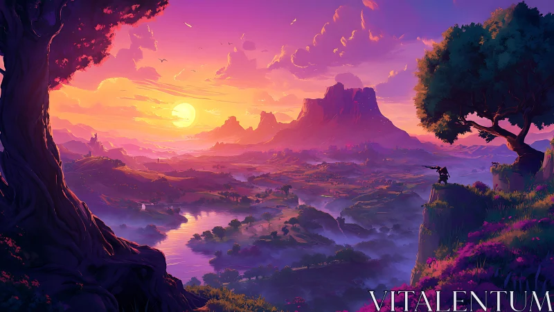 Sunlit fantasy valley with lone adventurer on cliffside.