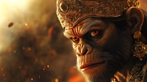 Regal warrior monkey gazes ahead with fiery determination