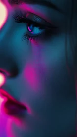 Neon-lit profile closeup in vivid cyan and magenta glow.