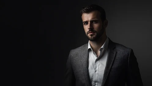 Serious bearded man in suit against dark studio backdrop.