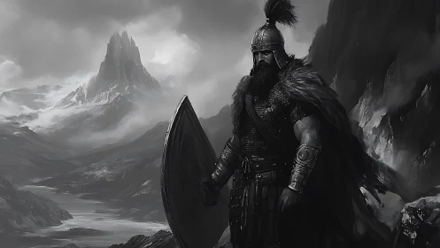 Armored warrior stands in monochrome alpine valley landscape