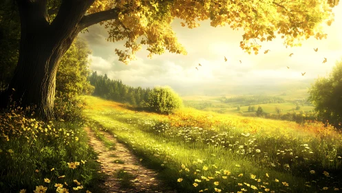 Golden meadow path beneath a welcoming summer tree.