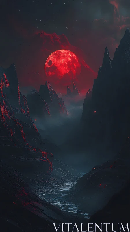 Blood-red moon above misty ravine in alien mountain range.