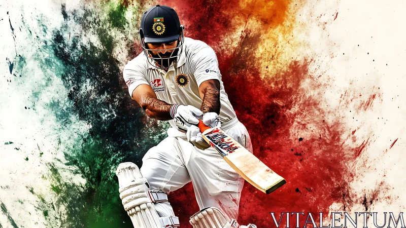 Cricketer drives ball amid explosive tricolor paint burst.