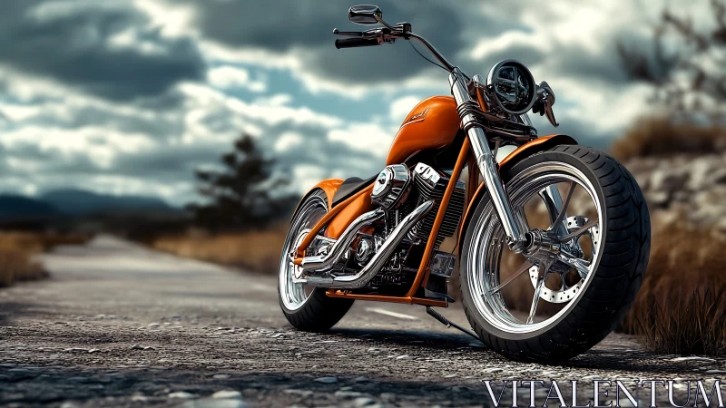 Low-angle view shows orange custom motorcycle on rural road