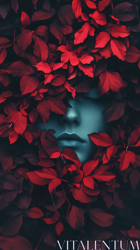 Mystical blue face dreaming beneath a waterfall of red leaves.