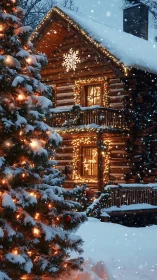 Snowlit log cabin and glowing Christmas fir at dusk.